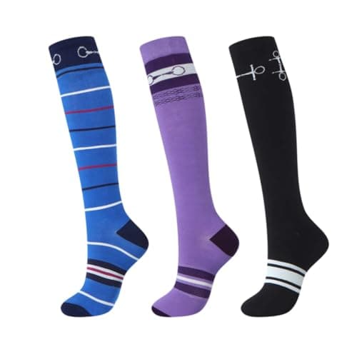 Image of Harrison Howard 3 Pairs Premium Quality Equestrian Riding Socks for Horse Riding &Tall Boot Knee High Socks for Women, Horse Hardware/Coffee Diamond Grid/Purple Horseshoe Print, One Size