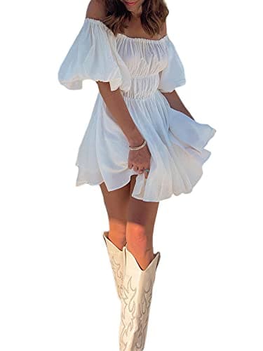Image of Fiacafyo Women Puff Sleeve Lace-up Fairy Off Shoulder Party Dress Elastic Waist A-lineMini Dress (A-White, S)