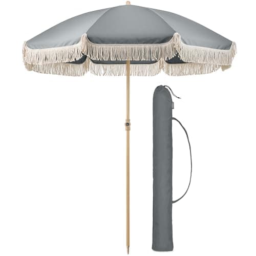 Image of CHRISTOW Portable Garden Parasol with Tilt, 2m Cotton Tassel Beach Umbrella, Outdoor Patio Sunshade, Tilting Canopy, Steel Pole with Wood Effect, UV50+ Sun Protection, Water Resistant, Bag (Grey)