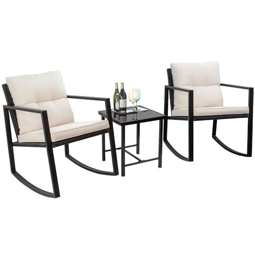 Image of Taylor & Brown 3 Piece Rocking Bistro Set, Patio Rattan Furniture Set with Tempered Glass Coffee Table and Cushioned Chairs, Outdoor Wicker Conversation Sets for Garden Balcony Backyard Poolside
