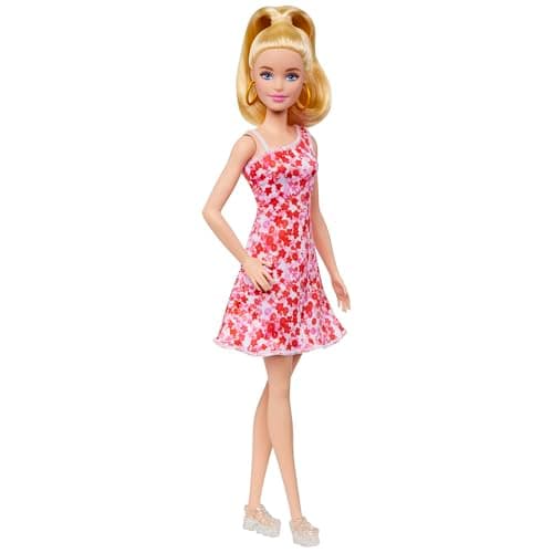 Image of Barbie Fashionistas Doll #205 with Blond Ponytail, Wearing Pink and Red Floral Dress, Platform Sandals and Hoop Earrings, HJT02