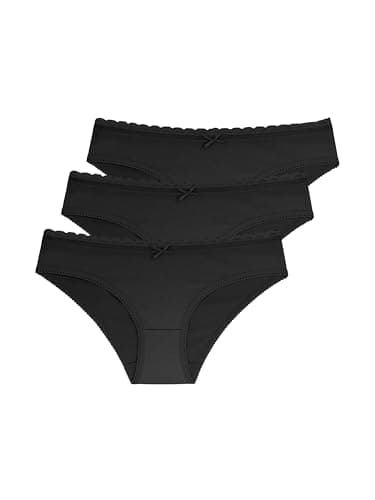 Image of Dorina NAOMI 3-Pack Women's Hipster Briefs, Soft Cotton with Lace Waistband Trim, Comfortable Full Coverage Underwear, Black