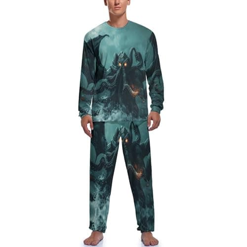 Image of Cthulhu Monster Men's Pajamas Sets Satin Silky Long Sleeve Top And Pant Loungewear with Pockets XL