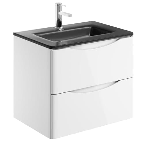 Image of Go Bathrooms Eaton 600mm Wall Hung White Vanity Unit Includes Grey Glass Basin Gloss Finish Bathroom Furniture Storage Sink Unit