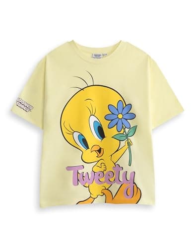 Image of LOONEY TUNES Tweety Girls Pale Yellow Graphic Tee | Short Sleeve Crew Neck Top with Blue Flower Print | Kids Everyday Casual Wear | Character T-Shirt Merch - 3-4 Years