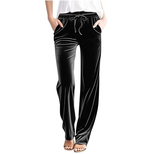 Image of Velvet Trousers Women Pull On Velour Loose Wide Leg Walking Sweatpants Leisure Elasticated Casual Pants Lounge Solid Color High Waisted Stretchy Soft Tracksuit Bottoms Black