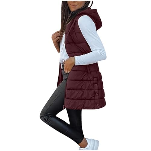 Image of Women's Gilets Long Hooded Quilted Gilet Zip Up Sleeveless Lightweight Windproof Waistcoat Padded Winter Down Jacket Longline Body Warmer Thick Parka Tank Top Outwear Coat with Pockets