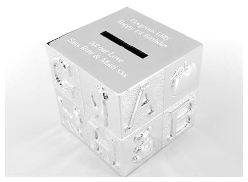 Image of Personalised Silver Plate ABC Moneybox, Christening Gift for Boy or Girl, Custom Engraved Christening Gift, Baptism Gift, Christening Money Box Keepsake, Money Bank