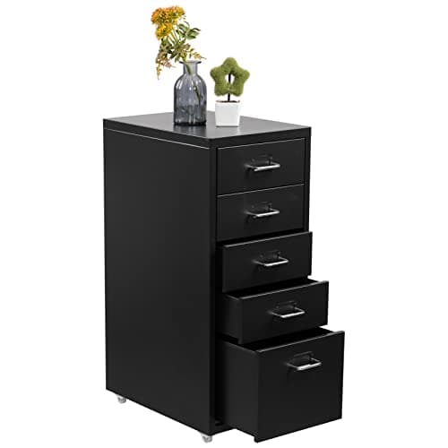 Image of HollyHOME 5-Drawer Mobile File Cabinet, Rolling Filing Organizer, Metal Storage Cabinets with Casters for Home, Rolling Office Filing Cabinet with Wheels School, Black