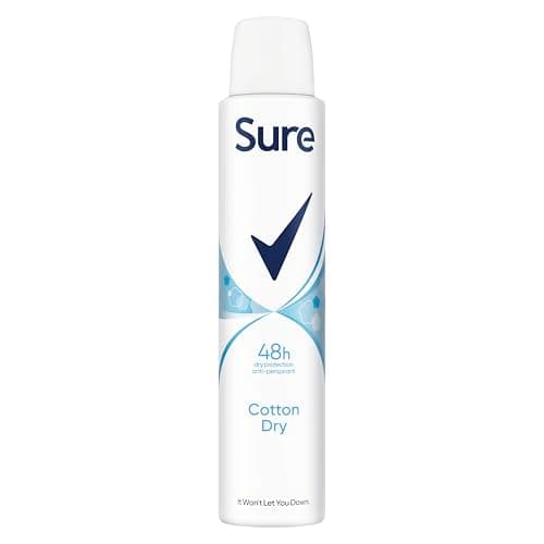 Image of Sure Cotton Dry Anti-Perspirant Aerosol Women's Deodorant Spray with a clean fragrance inspired by fresh cotton sheets for 48 hour protection against sweat and odour 6x 200 ml