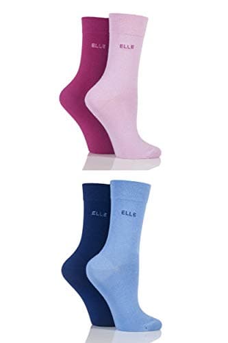 Image of ELLE Ladies Bamboo Fibre Socks - Plain, Striped & Patterned Casual Day to Day Socks in a Multipack of 4 Size 4-8 Indigo Sky/Magenta Pink 4-8