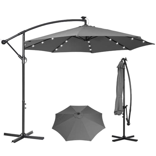Image of Panana 3M Cantilever Garden Parasol with Solar LED Lights, Outdoor Banana Hanging Umbrella with Crank and Tilt, UV Protection Sun Shade Canopy Offset Parasol for Pool, Deck, Patio, Balcony (Dark Grey)