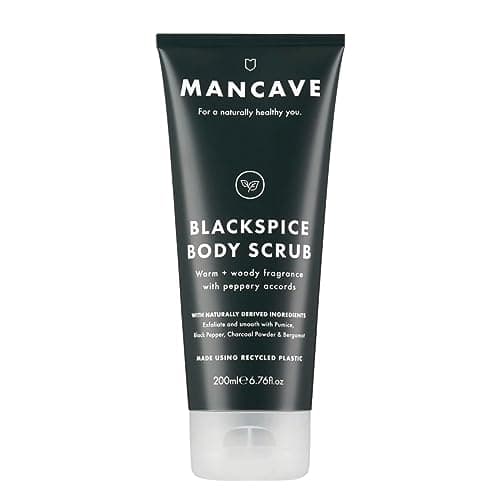 Image of ManCave Blackspice Body Scrub 200ml for Men, Warm & Woody Aroma, Exfoliate & Cleanse Skin with Pumice and Charcoal Powder Scrub, Natural Formulation, Vegan Friendly, Made in England