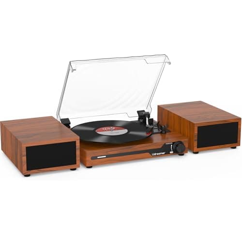 Image of Udreamer Record Player with 2 Dual Stereo Speakers, Vintage Turntable Bluetooth 5.3 Supports 3 Speed, AUX-in, RCA Line, USB, Wireless Playback, Brown