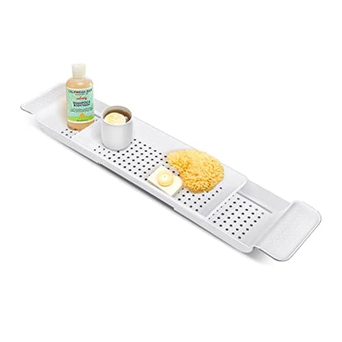 Image of YORKING Bath Rack Trays Adjustable Bathtub Caddy Tray Bathroom Rack Shelf Retractable Bathroom Accessories Board Bathroom Trays for Place Candles Wine Glass Book Phone Pad Holder (White)