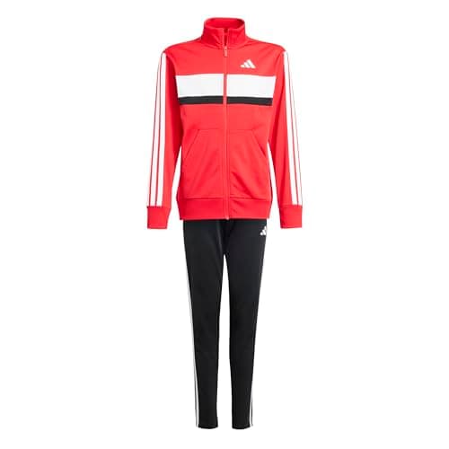 Image of adidas Unisex Kids Seasonal Essentials Tiberio 3 Stripes Tricot Track Suit, Pure Ruby/White, 11-12 Years