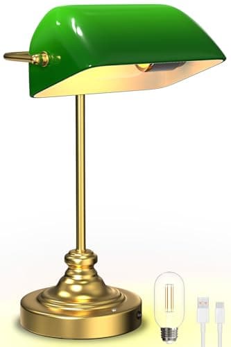 Image of LGMCF Cordless Bankers Lamp, 6000mAh Rechargeable Vintage Desk Lamp with Touch Control, Dimmable Glass Traditional Library Lamp for Home Office, Living Room, Study Room, Green