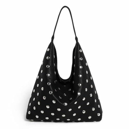Image of Studded Hobo Bags for Women Soft Vegan Leather Studded Shoulder Handbag Slouchy Tote Purses, Black, L