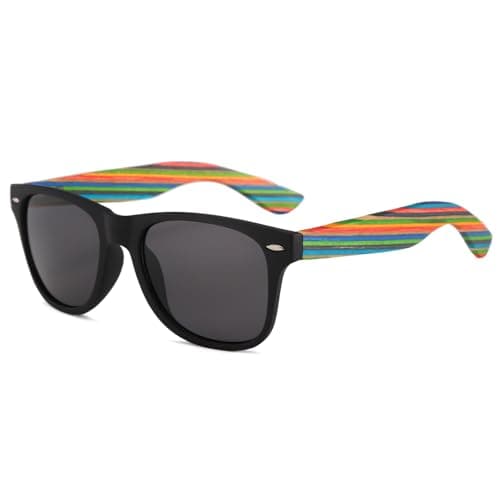 Image of Long Keeper Wood Sunglasses for Women Men Classic Retro Square Sunglasses Bamboo Wooden Driving Sun Glasses for Hiking Travel UV400 Protection (Black Grey)