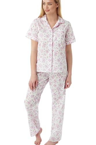 Image of Tesmark Floral Short Sleeve Pyjamas for women - Soft Polycotton Womens Pyjamas Set, Full-Length Pants and Satin Piping Ladies Pyjamas UK Size 10-30, MN14 (12-14, Pink)