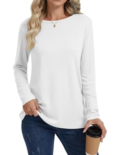Image of Cuptacc Ladies Tops Tunic Tops for Women UK Crew Neck Long Sleeve Tshirt Plain T-Shirts Basics Cothing Women White M 12-14