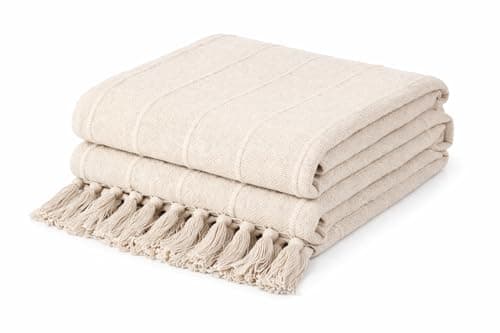 Image of EHC Throws for Sofas, Throws for Armchairs, Textured Cotton Throw Blanket with Fringe for 1 Seater Chair/Sofa/Bed, 127 x 152cm, Natural