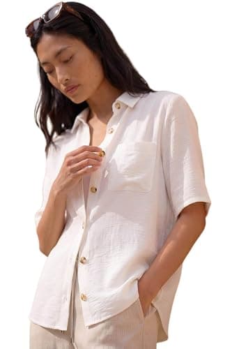 Image of Roman Originals Short Sleeve Shirt for Women Ladies Cotton Blouse Button Tunic Printed Top Work Smart Casual Going Out Work Office V Neck Everyday Evening Event - Petite White - Size 10