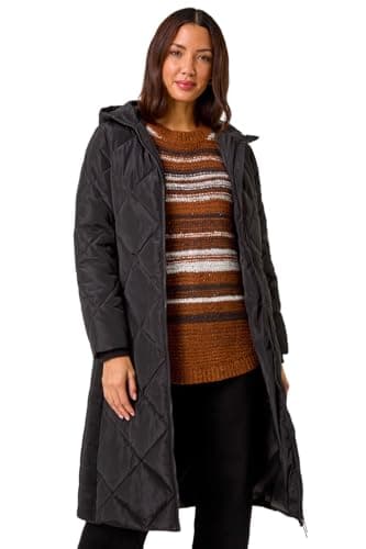 Image of Roman Padded Coat for Women UK - Ladies Longline Puffer Winter Quilted Parka Waterproof Rainproof Wind Resistant Thermal Jacket Long Length Warm Zip Hood Puffa Cosy - Black - Size 10