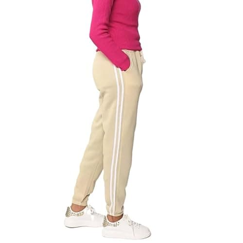 Image of Want Clothing Womens Ladies Side Stripe Joggers Bottoms Elasticated Hem Side Pocket Double Striped Casual Look Lounge Pants (UK, Alpha, L, XL, Regular, Regular, Cream)