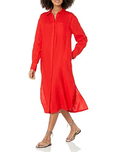 Image of The Drop Women's Fiona Relaxed Linen Midi Shirt Dress, Flame Red, M