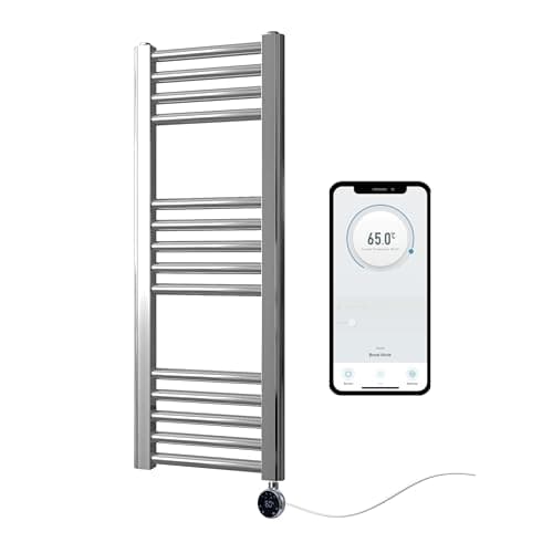 Image of Greened House Chrome Electric Smart WiFi Controlled Heated Towel Rail Flat 7 Day Programmable Timer App Compatibility (300mm W x 800mm H)