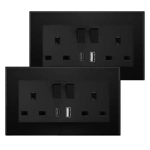 Image of BSEED Double Switched Sockets with USB C and USB A Charging Ports, UK Standard Electric Power Sockets with Glass Panel, 2 Gang 13A Wall Socket, Black, 2 Pack