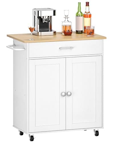 Image of CHOEZON Kitchen Island, Farmhouse Kitchen Island Cart with One Double Cabinet and Drawer, Rolling Storage, with Drop Leaf ＆ industrial locking wheels, for Living Room, White and Natural DMZD01WN