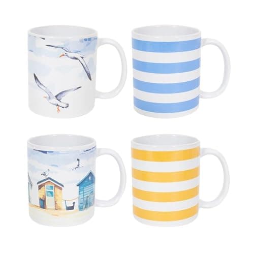 Image of Set of 4 Mugs Seaside Beach Yellow Blue White Coffee Tea Cup Home Kitchen Stoneware