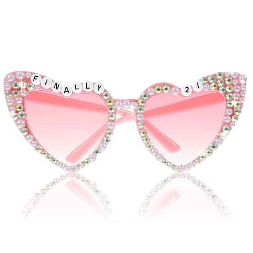 Image of APLZGMG Pink Finally 21 Heart Shaped Sunglasses,Sparkly Diamond Bling Glasses for Birthday Party, 21st Birthday Sunglasses, 21st Birthdays Decorations for For Her Him