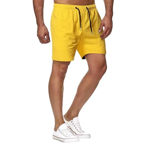Image of Men's Shorts Male Casual Pants Solid Trend Youth Summer Mens Sweatpants Fitness Running Shorts Beach Shorts (Yellow, M)