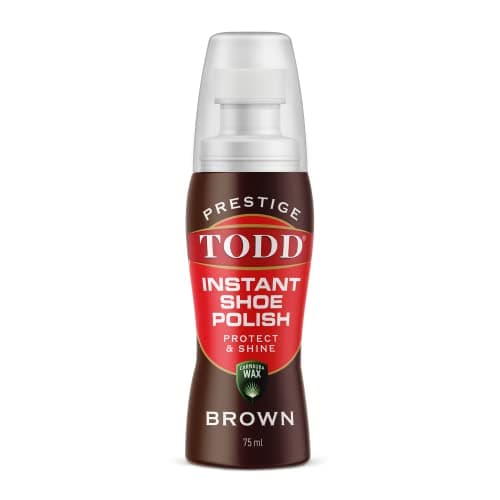 Image of TODD PRESTIGELiquid Shoe Polish Brown with Carnauba Wax | Instant Shine and Protect for Shoes, Boots, Bags | 75ml Bottle with Sponge