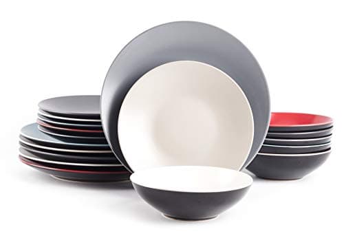 Image of HomeVss Colors Life 18pc Dinner Set，Very Cool - 6 Assorted Colors Cool Beige, Cool Grey, Light Grey, Frost Red,Turquoise and White