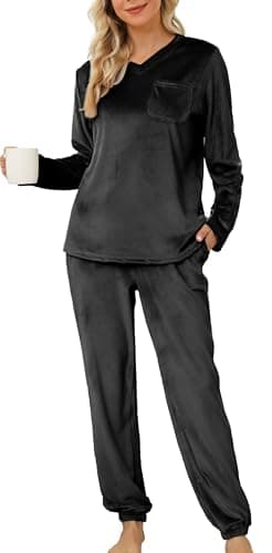 Image of Lovasy Fleece Pyjamas for Women Warm Womens Pyjama Sets Ladies Fluffy fleece Pyjamas Twosie Fluffy Pjs for Women Sets Soft Fluffy Loungewear with Pockets for Winter,Black,S