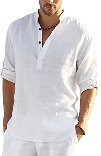 Image of Zartha Kurta Shirt Men Casual Cotton Blend Long Sleeve Regular Fit Short Straight Casual Formal Wear, White, L