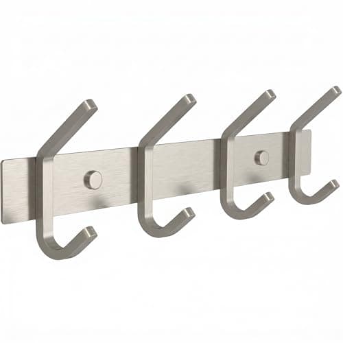 Image of SAYONEYES Coat Rack Wall Mount – Brushed Nickel 12 Inch Stainless Steel Hook Rail with 4 Heavy Duty Double Coat Hooks – Wall Mounted Coat Hanger for Entryway, Bathroom, Bedroom, Towel, Hat Organizer