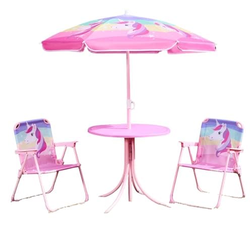 Image of OHS Kids Table and Chairs Sets, Kids Garden Furniture Table and 2 Chairs with Parasol Outdoor Table and Chairs for Playtimes Balcony or Poolside Garden Bistro Set for 2, Pink - Unicorn