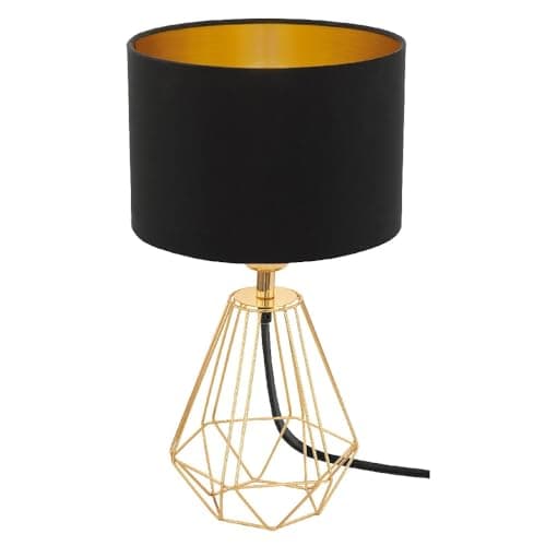 Image of Polished Brass Metal Wire Cage Base Vintage Table Desk Lamp with Black Fabric Drum Shade | 30.5cm Height | 1 x SES E14 Lamp Bulb Required | UK Approved | Inline On Off Switch | Modern Influence