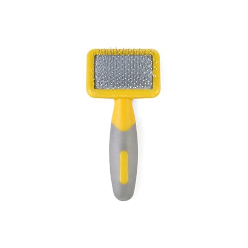 Image of Ancol Ergo Animal Slicker Brush - Grey and Yellow Pet Grooming Tool for Rabbits Guinea Pigs Dogs and Cats - Soft Bristles for Face and Ears - Ergonomic Handle Design - Small