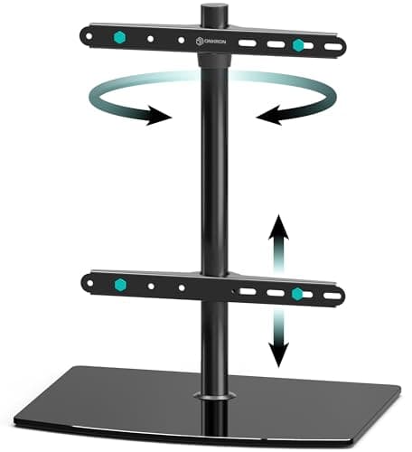 Image of ONKRON Black Glass TV Stand Table Top for 32-75 Inch Screen, Universal Table Top TV Stand up to 40 kg - TV Pedestal Stand VESA 100x100-400x400/Height Adjustable TV Bracket Stand Swivel PT3-B Black