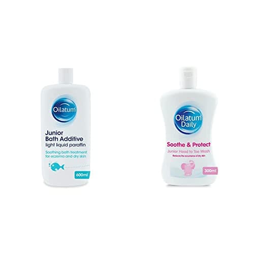 Image of Oilatum Junior Eczema and Dry Skin Emollient Bath Additive, 600 ml (Pack of 1) and Daily Soothe & Protect Junior Head to Toe Wash for Dry, Sensitive and Eczema Prone Skin 300ml