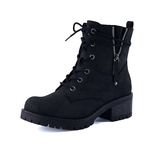 Image of Dunes Women's Kobe Heeled Combat Boots – Lace-Up with Side Zipper, Memory Foam Insoles, Faux Fur Lining, Vegan Nubuck Leather, Wide Widths Available, Black, 4 UK Wide