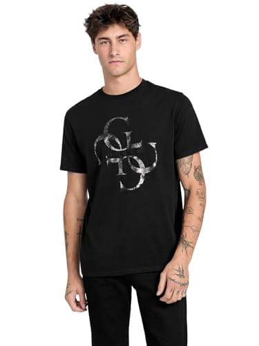 Image of Guess Mens Eco Short Sleeve Shimmer Quattro G Tee, Black, Medium