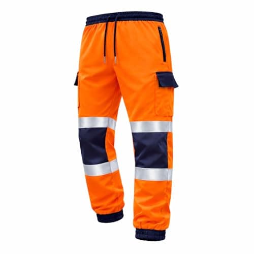 Image of NFK Hi Vis Work Trousers for Men – Reflective Safety Joggers, Fleece Lined Hi Viz Cargo Work Pants with Reinforced Knees & Multi Pockets for Construction & Security Work (L, Orange/Navy)