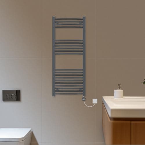 Image of NRG 1200x500mm Prefilled Electric Thermostatic Heated Towel Rail Curved Bathroom Warmer with Touch Screen Display Wall Mounted Anthracite 600W